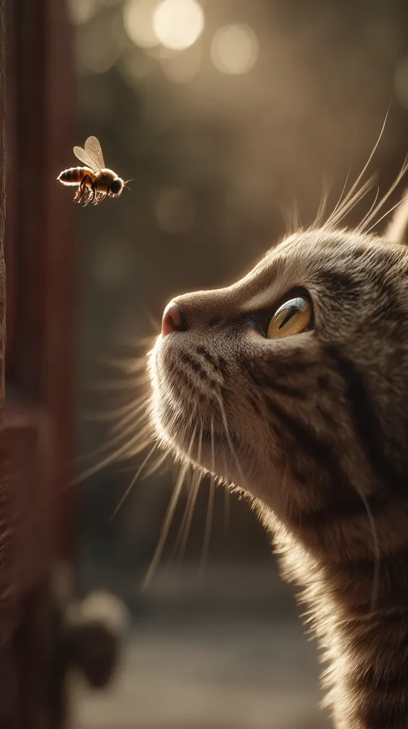 A tabby cat gazes intently at a honeybee in flight.  The scene is bathed in warm, golden sunlight streaming through a doorway. The cat's profile is sharply defined, its fur highlighted by the light, while the bee is silhouetted against the sun.  The image evokes a moment of quiet observation in nature, highlighting the contrast between the domestic cat and the wild bee.