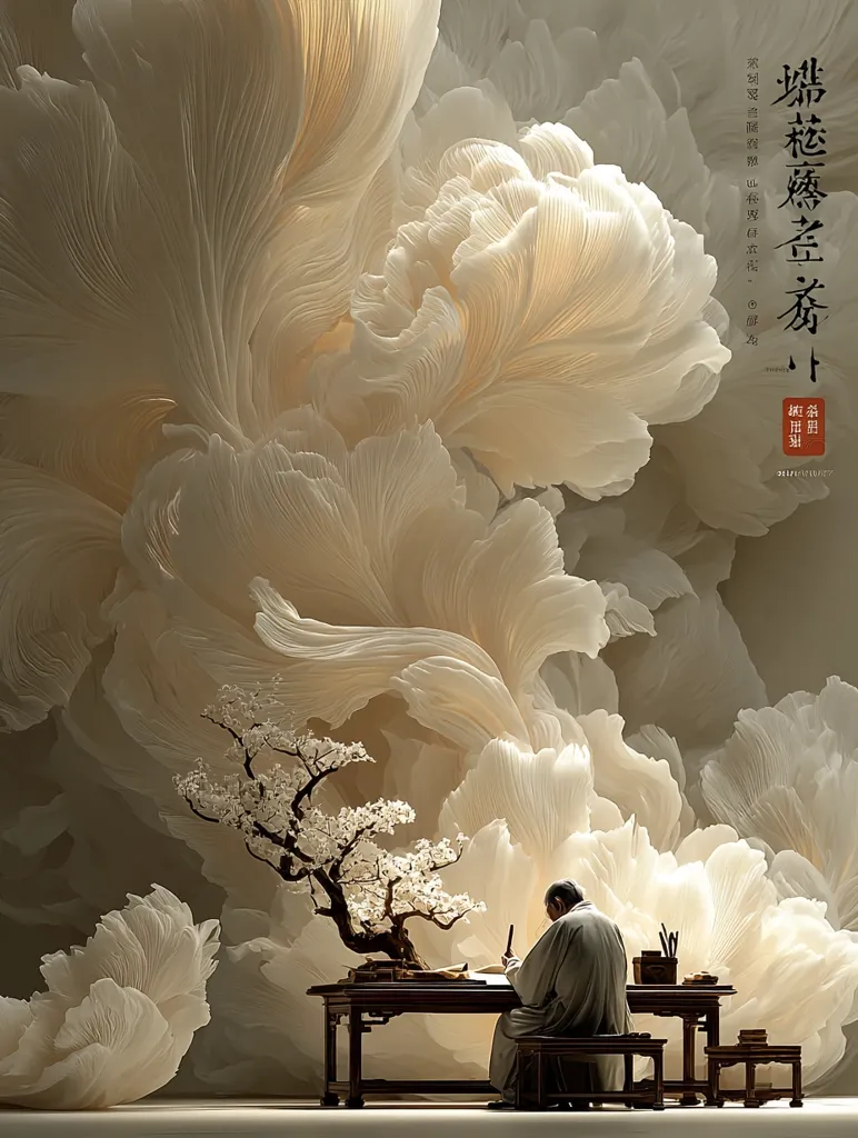 A serene digital artwork depicts an elderly man in traditional Chinese attire seated at a low table, engrossed in writing.  He's positioned before a blossoming bonsai tree, set against a dramatic backdrop of large, flowing, cream-colored floral forms resembling stylized clouds or petals. The scene evokes a sense of calm and artistic contemplation, blending natural elements with human creativity.