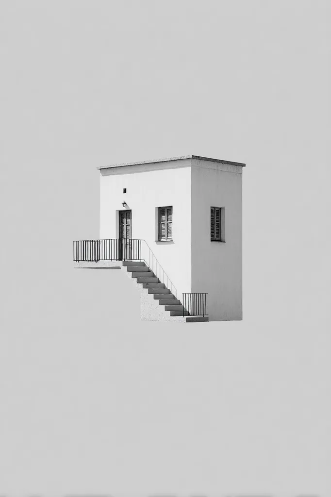 A monochrome image showcases a small, cube-shaped house seemingly floating against a plain background.  The house features a single door, two windows with shutters, and an external staircase with railings descending from its side.  The simple design and stark contrast create a minimalist and surreal aesthetic. The image evokes a sense of isolation and tranquility.