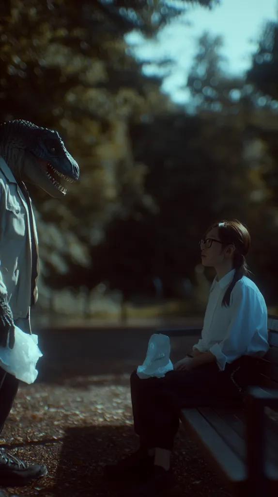 A person sits on a park bench, holding a crumpled tissue.  Facing them is a person in a velociraptor costume wearing a white lab coat, also holding a tissue.  The background is blurred, showing trees and a park-like setting. The scene is dimly lit, creating a mysterious and slightly surreal atmosphere. The image suggests a quiet, possibly poignant interaction.