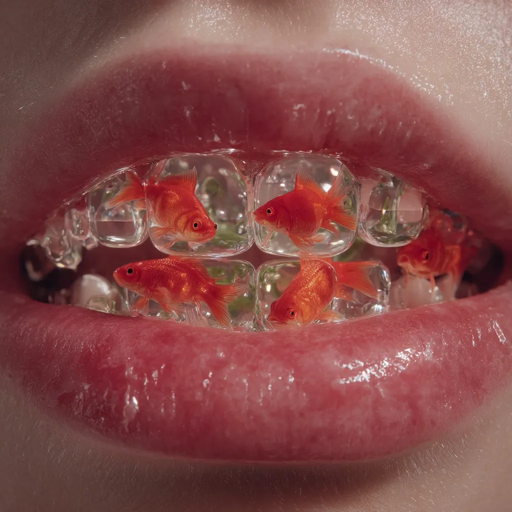 A close-up shot reveals a person's mouth with braces.  Instead of typical metal brackets, small goldfish swim in clear, cube-shaped compartments attached to the braces.  The lips are full and glossy, contrasting with the surreal scene of the fish within the orthodontic device. The image is striking and slightly unsettling.
