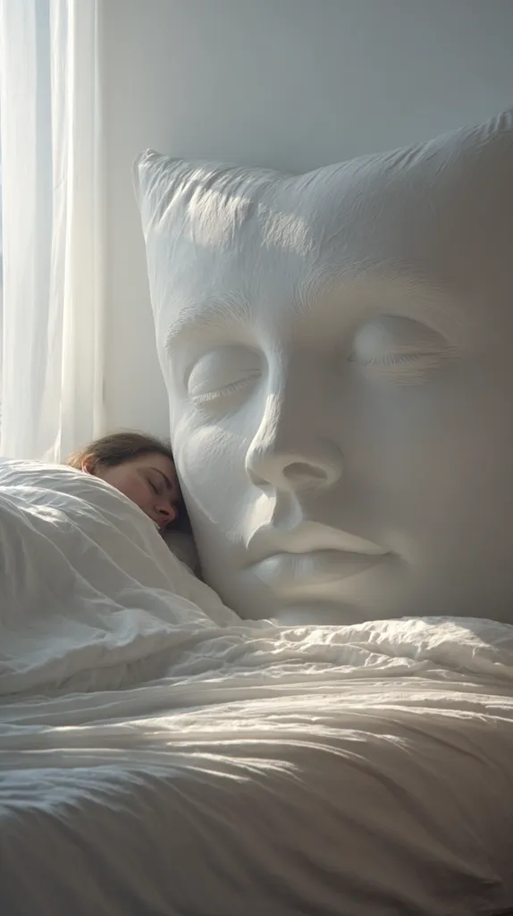 A person sleeps peacefully under white bedding, nestled against a large, sculpted head resembling a pillow. The sculpture's serene face and the soft, rumpled sheets create a calming, monochromatic scene bathed in soft, natural light. The overall aesthetic is minimalist and peaceful.