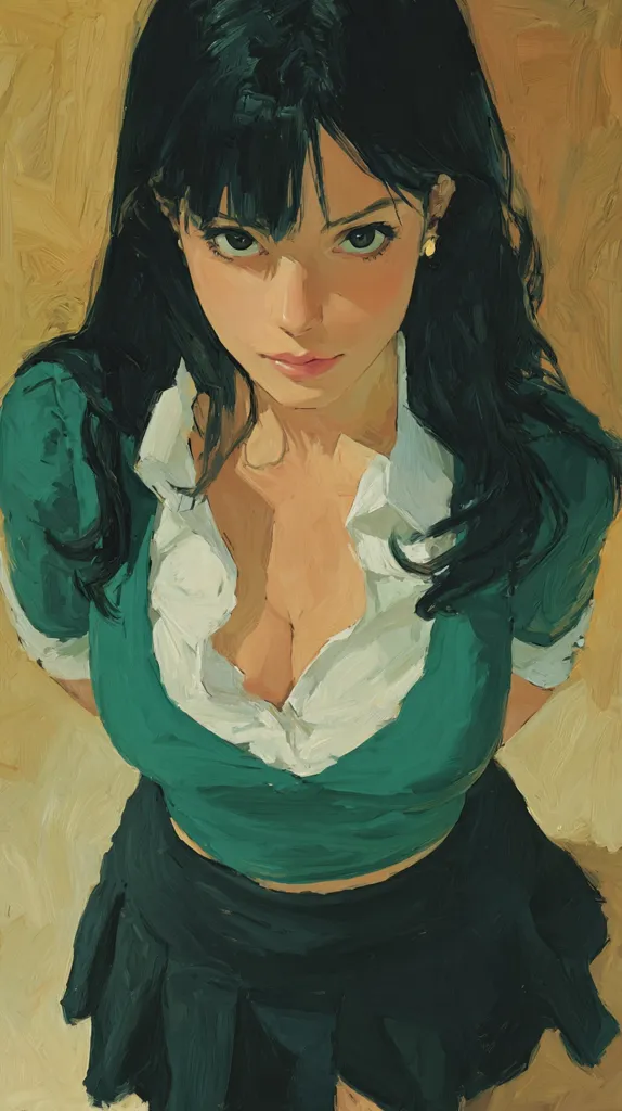 A stylized painting depicts a young woman from a high-angle perspective.  She has long, dark hair, dark eyes, and is wearing a teal top over a white collared shirt, paired with a dark pleated skirt. Her expression is serious, almost challenging, and her posture is slightly hunched. The painting style is painterly and expressive, with visible brushstrokes contributing to a textured appearance.  The background is a muted, warm tone.