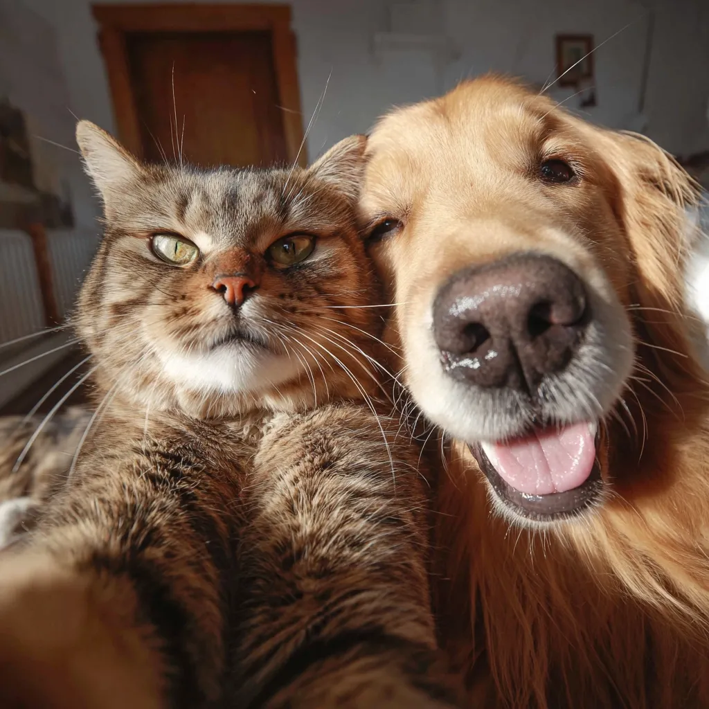 A close-up selfie shows a tabby cat and a Golden Retriever dog snuggled together.  The cat's paws are extended forward as if taking the photo, while the dog rests its head on the cat's shoulder.  Both animals appear relaxed and content, showcasing their unusual friendship.  The warm lighting suggests an indoor setting.