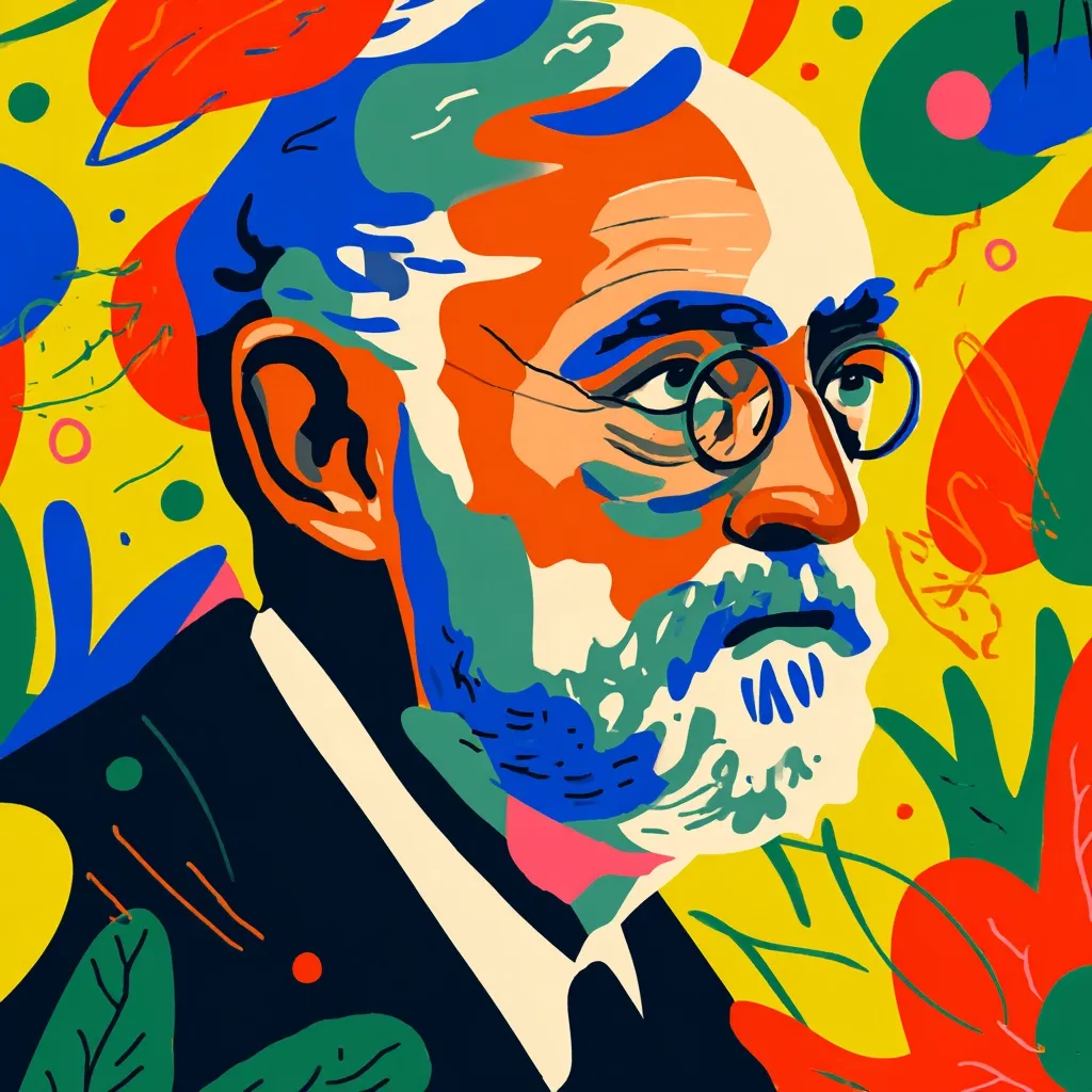 A vibrant, stylized portrait of Sigmund Freud dominates the image.  Bold, contrasting colors—orange, blue, yellow, and red—define his features and a surrounding abstract floral pattern.  His expression is serious, his glasses prominent.  The artwork's style is reminiscent of modern graphic design, emphasizing bold shapes and flat color planes.