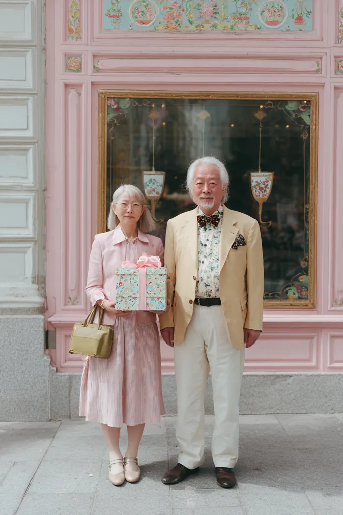 An elderly Asian couple stands before a pastel pink storefront.  The woman wears a pale pink pleated dress and carries a small handbag; the man is in a beige blazer and cream trousers. They hold a floral gift box. The scene is serene and suggests a celebratory occasion. The building's ornate detailing contrasts with the couple's simple elegance.