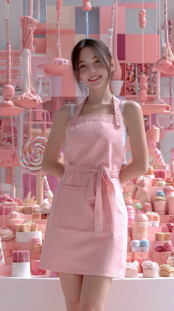 A young woman with long dark hair smiles sweetly while wearing a light pink apron.  She stands before a display filled with an abundance of pastel-colored sweets and candies, creating a whimsical, candy-themed backdrop. The overall scene is light, airy, and incredibly pink, emphasizing a youthful and cheerful atmosphere.
