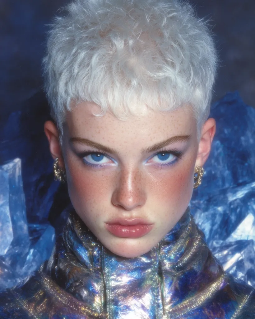 Close-up portrait of a young person with a short, platinum blonde pixie cut.  They have bright blue eyeshadow, rosy cheeks, and are wearing a shimmering iridescent blue jacket. The background features large, blue crystal-like structures, creating a cool, ethereal aesthetic. The overall style is futuristic and androgynous.