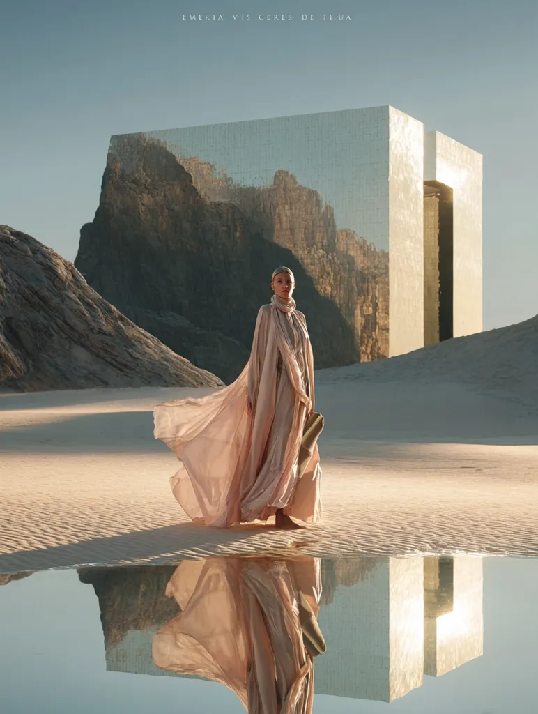 A woman in a flowing, light-pink robe stands in a desert landscape before a large, mirrored structure reflecting the surrounding rocky terrain. The serene scene creates a striking contrast between the natural environment and the futuristic architecture, with the woman's reflection perfectly mirrored in a calm pool of water in the foreground. The overall mood is one of peaceful contemplation and surreal beauty.