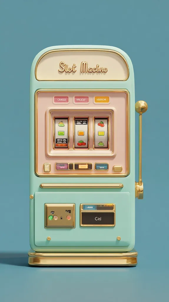 A pastel-colored slot machine, rendered in 3D, stands against a matching teal background.  The machine boasts gold detailing, a classic design, and features three spinning reels displaying fruit symbols.  Buttons for gameplay and a coin slot are visible. The top displays the words "Slot Machine" in elegant script. The overall aesthetic is retro and whimsical.