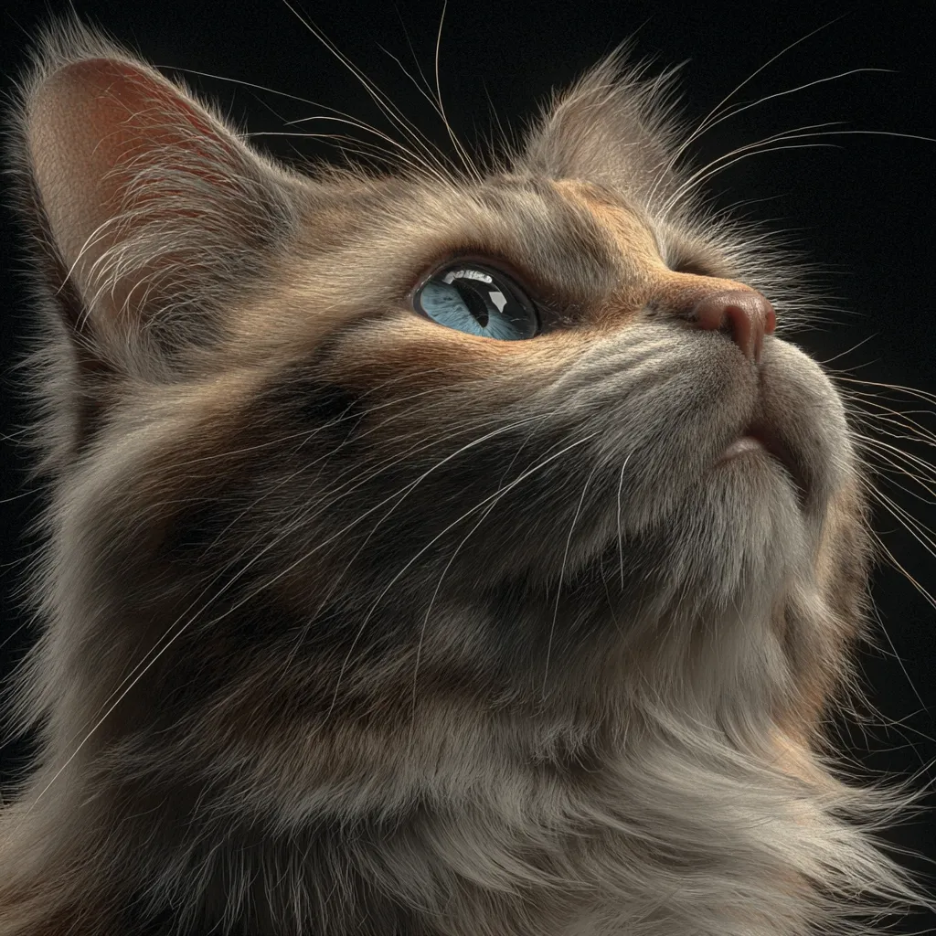 Close-up of a long-haired cat with striking blue eyes.  The cat's fur is a mix of brown, cream, and gray, appearing soft and fluffy. Its head is tilted upwards, giving a curious and serene expression.  The image is sharply focused, highlighting the texture of the fur and the detail of the cat's features against a dark background.