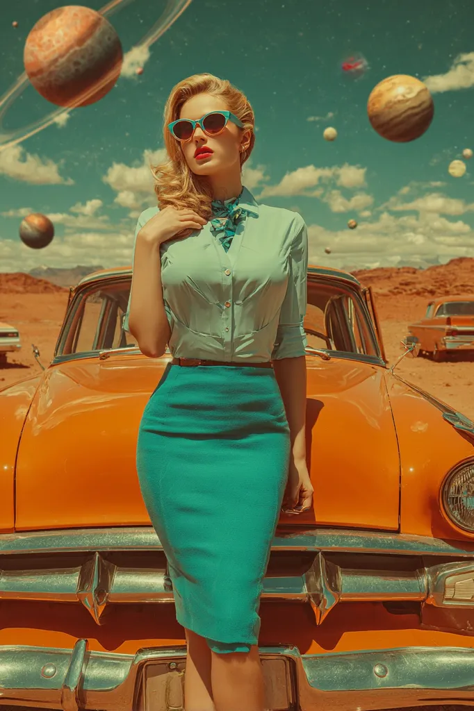 A stylish woman in a teal pencil skirt and light blue shirt stands confidently in front of a vintage orange car.  She wears cat-eye sunglasses and a patterned scarf.  The backdrop is a surreal desert landscape with planets and celestial rings floating in the sky, creating a retro-futuristic vibe.  The overall image is a striking blend of vintage fashion and science fiction elements.