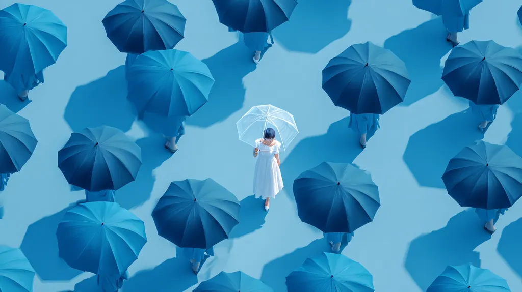 A woman with a clear umbrella stands out amidst a crowd of people using blue umbrellas on a light blue background.  The scene is visually striking, emphasizing the woman's individuality and contrasting her choice against the uniformity of the others.  The overhead perspective provides a bird's-eye view of the scene, highlighting the contrast.