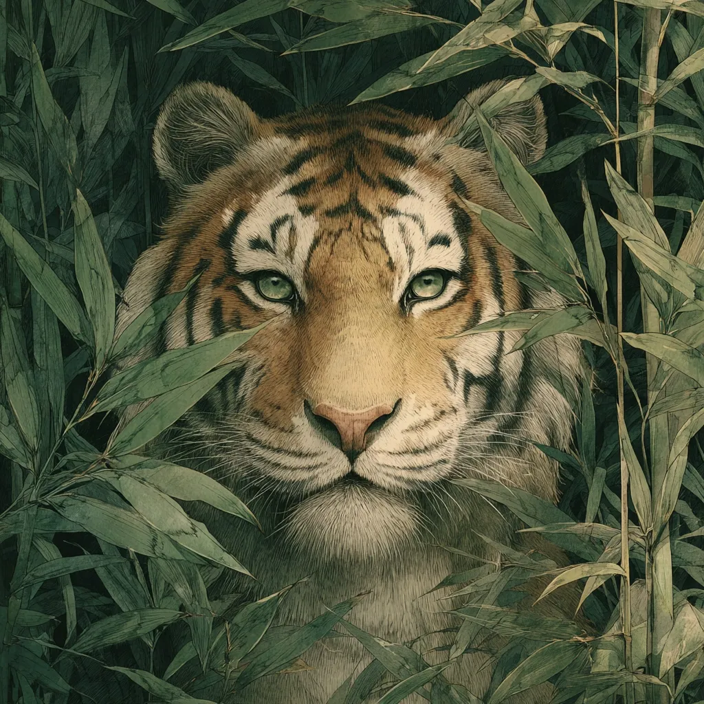A majestic tiger's face is partially obscured by lush green bamboo leaves.  Its intense green eyes gaze directly at the viewer, conveying a sense of power and quiet alertness.  The tiger's orange and black stripes are visible through the foliage, hinting at its hidden body. The overall mood is one of serene mystery within a dense, tranquil forest setting. The detailed rendering emphasizes the tiger's fur and the texture of the leaves.