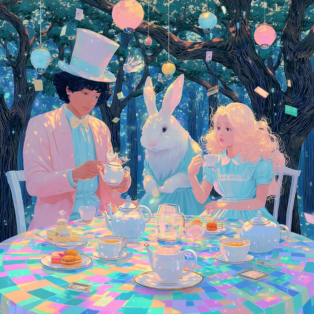 A whimsical illustration depicts a Mad Hatter-esque character in a pink suit and top hat, pouring tea at a pastel-colored tea party.  A girl in a light blue dress sits opposite him, with a white rabbit observing the scene.  The setting is an enchanted forest, adorned with hanging paper lanterns and floating playing cards.  The table is laden with pastries and teacups, creating a dreamy, fairytale atmosphere.