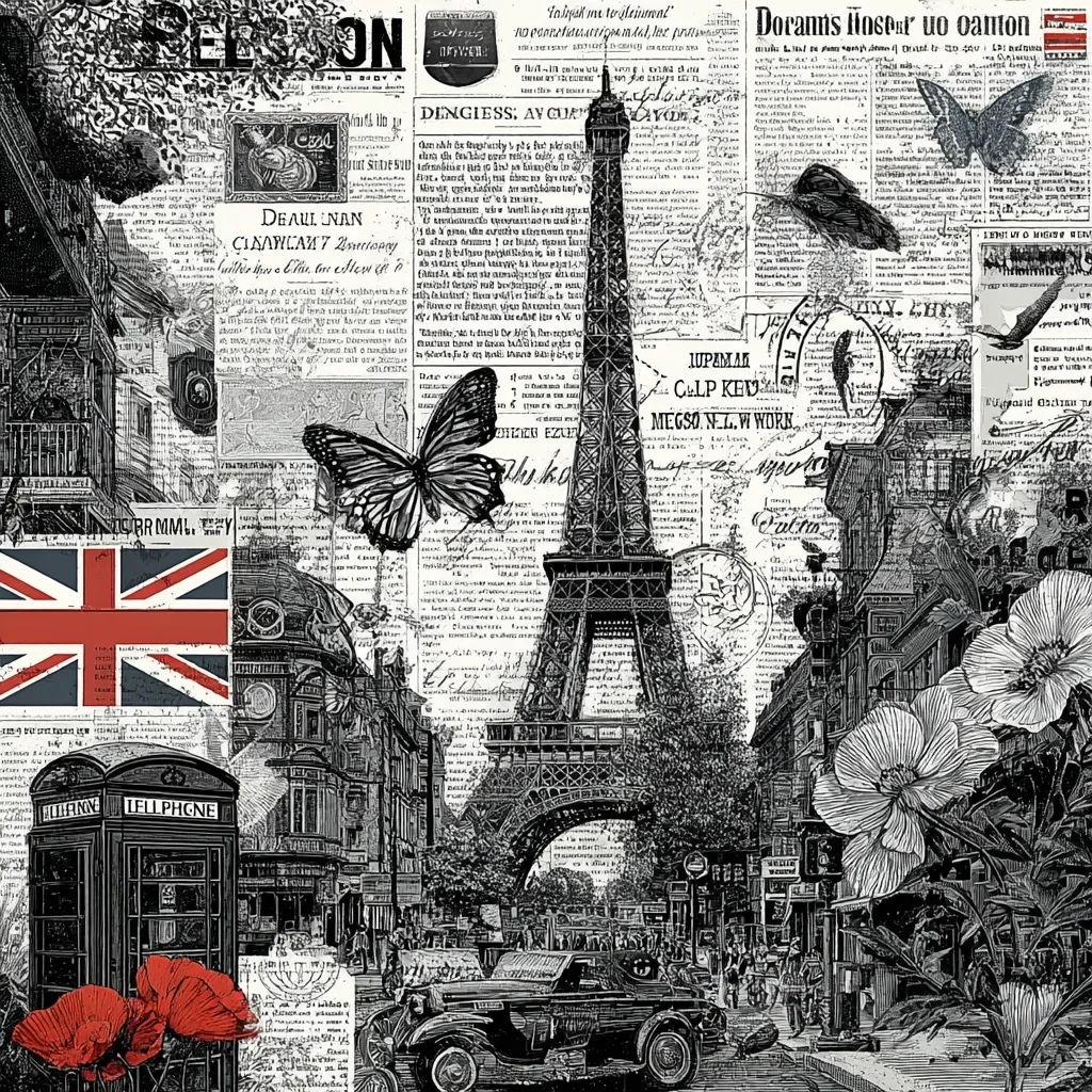 A monochrome collage depicts a Parisian street scene with the Eiffel Tower as a focal point.  Vintage newspaper clippings, stamps, a British flag, a butterfly, a red telephone booth, and floral elements are layered to create a scrapbook-like effect.  A classic car is included, adding to the vintage aesthetic. The overall style is reminiscent of Parisian street art with a blend of British and French imagery.