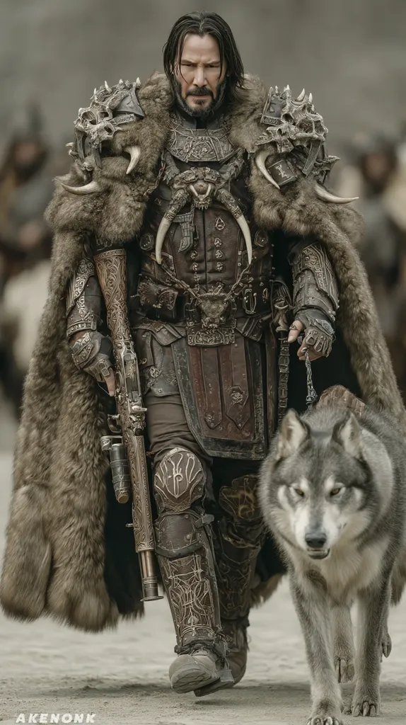 Keanu Reeves, in a meticulously crafted, dark fantasy costume, stands majestically.  Intricate metalwork adorns his armor, complemented by a thick fur cloak.  He carries a long rifle and is accompanied by a large grey wolf. The setting appears to be a bleak, outdoor battlefield with other figures visible in the background. The overall mood is one of epic power and grim determination.