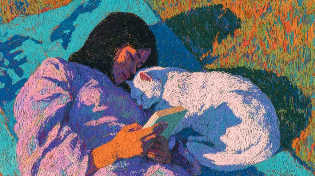 A vibrant, stylized painting depicts a young woman with long dark hair lying on a turquoise blanket.  She's gently holding a book while a white cat sleeps peacefully nestled against her. The artwork uses bold, textured strokes of color, creating a dreamlike atmosphere. Warm oranges and yellows contrast with cool blues and purples, highlighting the peaceful scene of companionship and quiet relaxation.