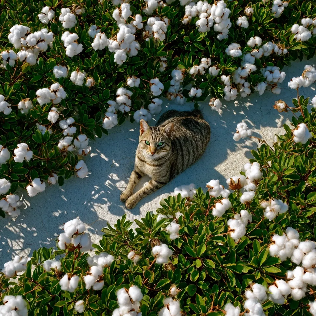 A tabby cat with striking green eyes rests amidst a vibrant field of cotton plants.  The fluffy white cotton bolls contrast beautifully with the cat's striped fur and the lush green foliage. The scene is peaceful and serene, capturing a moment of quiet contemplation in a natural setting. The cat appears relaxed and comfortable, nestled amongst the abundant cotton blossoms.