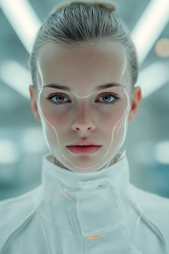 A young woman with blonde hair pulled back in a bun stares directly at the camera.  Her face is partially overlaid with glowing, translucent lines, suggesting a futuristic or technological context. She wears a pristine white, high-collared garment with subtle, glowing details, enhancing the technologically advanced aesthetic. The background is blurred, hinting at a sterile, modern environment.  Her expression is serious and neutral.