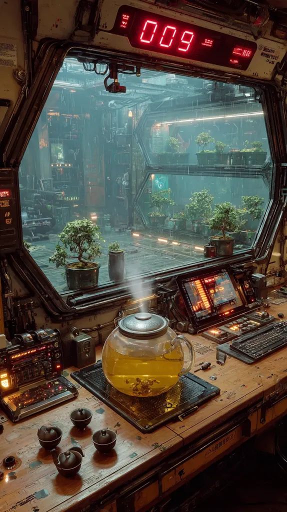 A futuristic, dimly lit control room features a large window overlooking a rain-swept, bioluminescent cityscape.  Inside, a wooden desk holds a glass teapot of steaming tea, several small teacups, and various technological devices.  A digital clock displays "009".  Small bonsai trees are visible through the window, adding a touch of nature to the otherwise technological scene.  The overall atmosphere is calm and contemplative despite the futuristic setting.