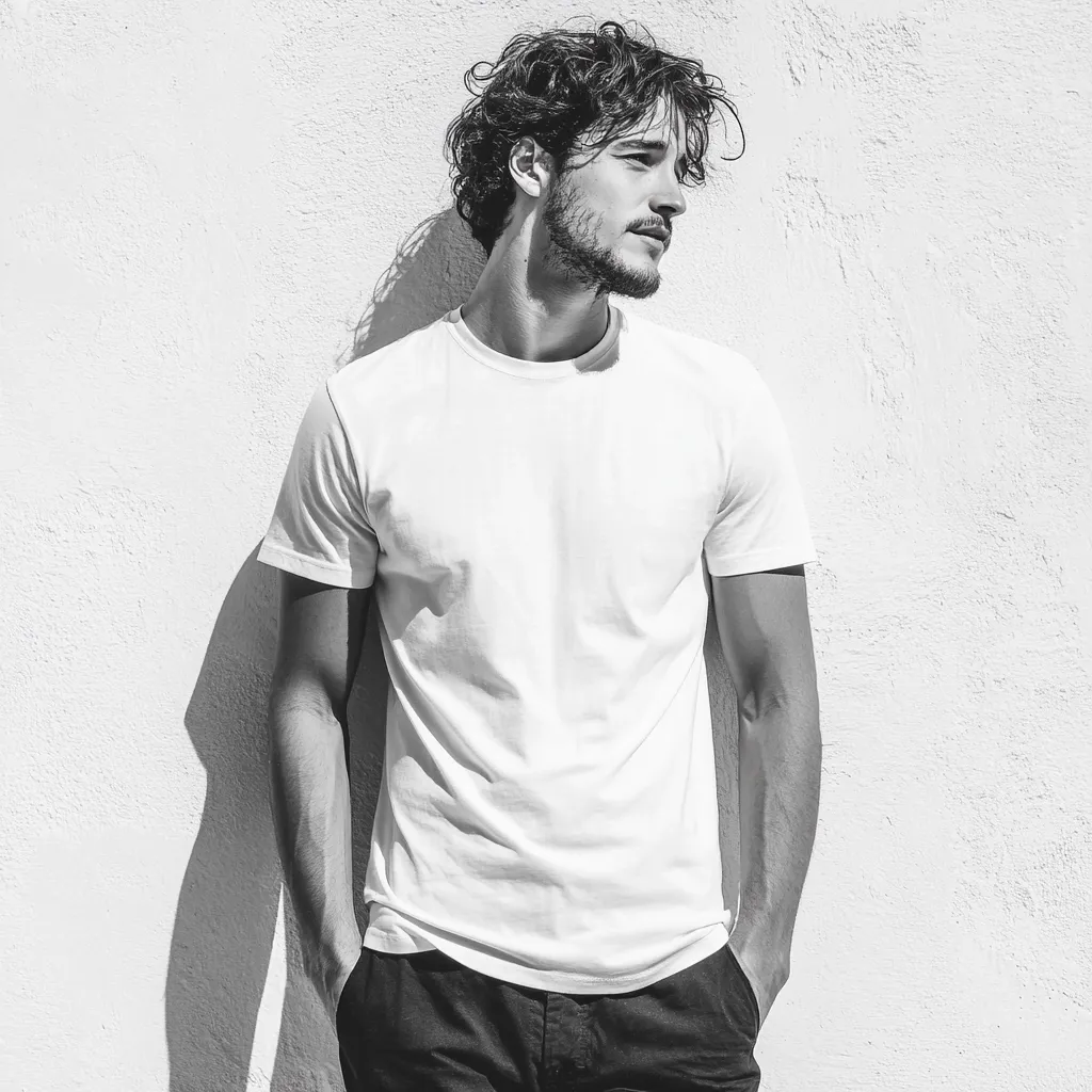 A black and white portrait of a young man with curly hair. He's wearing a plain white t-shirt and dark pants, his hands in his pockets.  He stands against a textured white wall, his body slightly turned away from the camera, his gaze directed to the right.  The sun casts a shadow behind him. The overall mood is one of casual coolness.