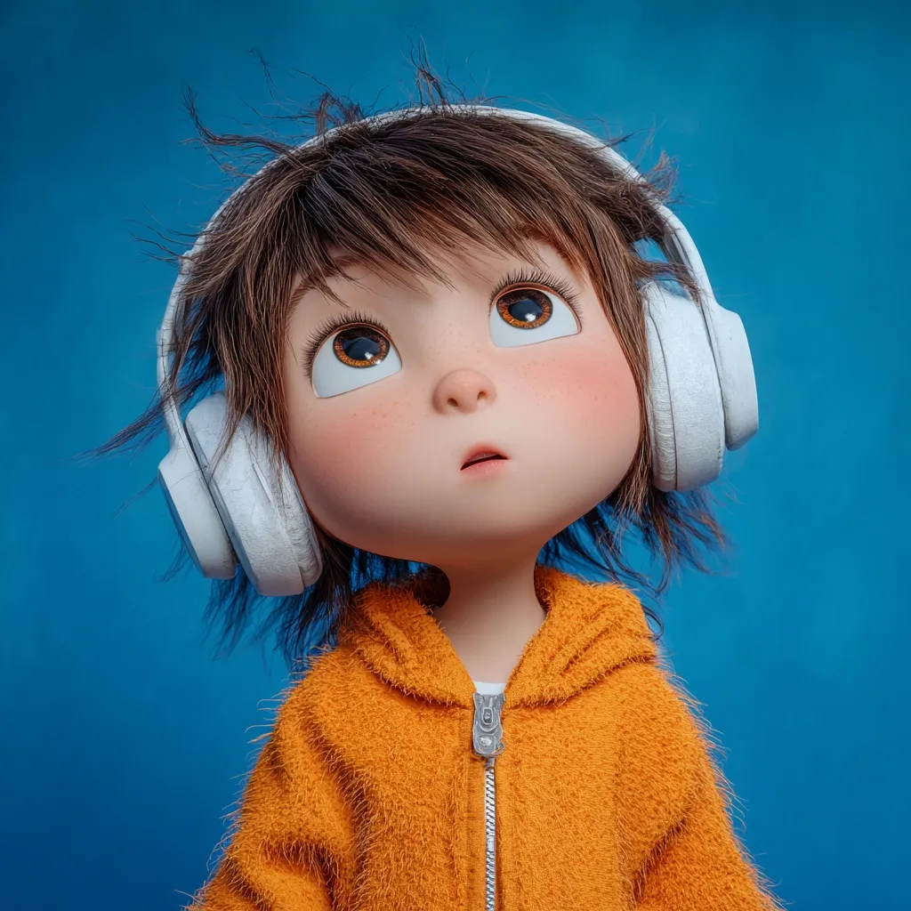 A 3D rendered cartoon child, with brown hair and rosy cheeks, wears large white headphones and a fuzzy orange hoodie.  Their large eyes gaze upwards thoughtfully, creating a cute and curious expression. The background is a solid, deep blue. The overall style is whimsical and charming.