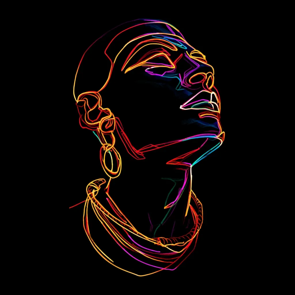 A vibrant, stylized portrait of a woman's face and neck, rendered in bright, multicolored neon lines against a black background.  The lines trace the contours of her features, emphasizing her elegant profile and the jewelry adorning her neck and ears. The overall effect is one of dynamic energy and striking visual impact, creating a modern and artistic representation.