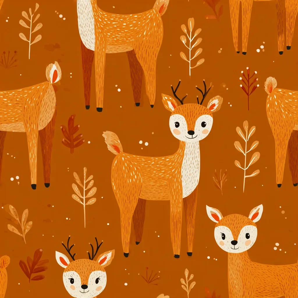 A charming seamless pattern features adorable orange deer against a warm brown background.  Simple stylized plants and small white dots add to the autumnal feel.  The deer vary in poses, some facing forward, others in profile, creating a playful and repetitive design perfect for fabric, wrapping paper, or other decorative applications.  The overall style is cute and whimsical.