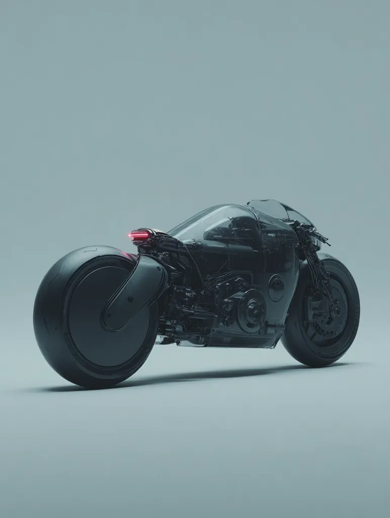 A futuristic, sleek black motorcycle is presented against a muted gray background.  Its design is minimalist and partially translucent, revealing intricate internal mechanics.  The large, single front wheel contrasts with a smaller rear wheel.  A subtle red light is visible at the rear. The overall aesthetic is one of high-tech, streamlined elegance.