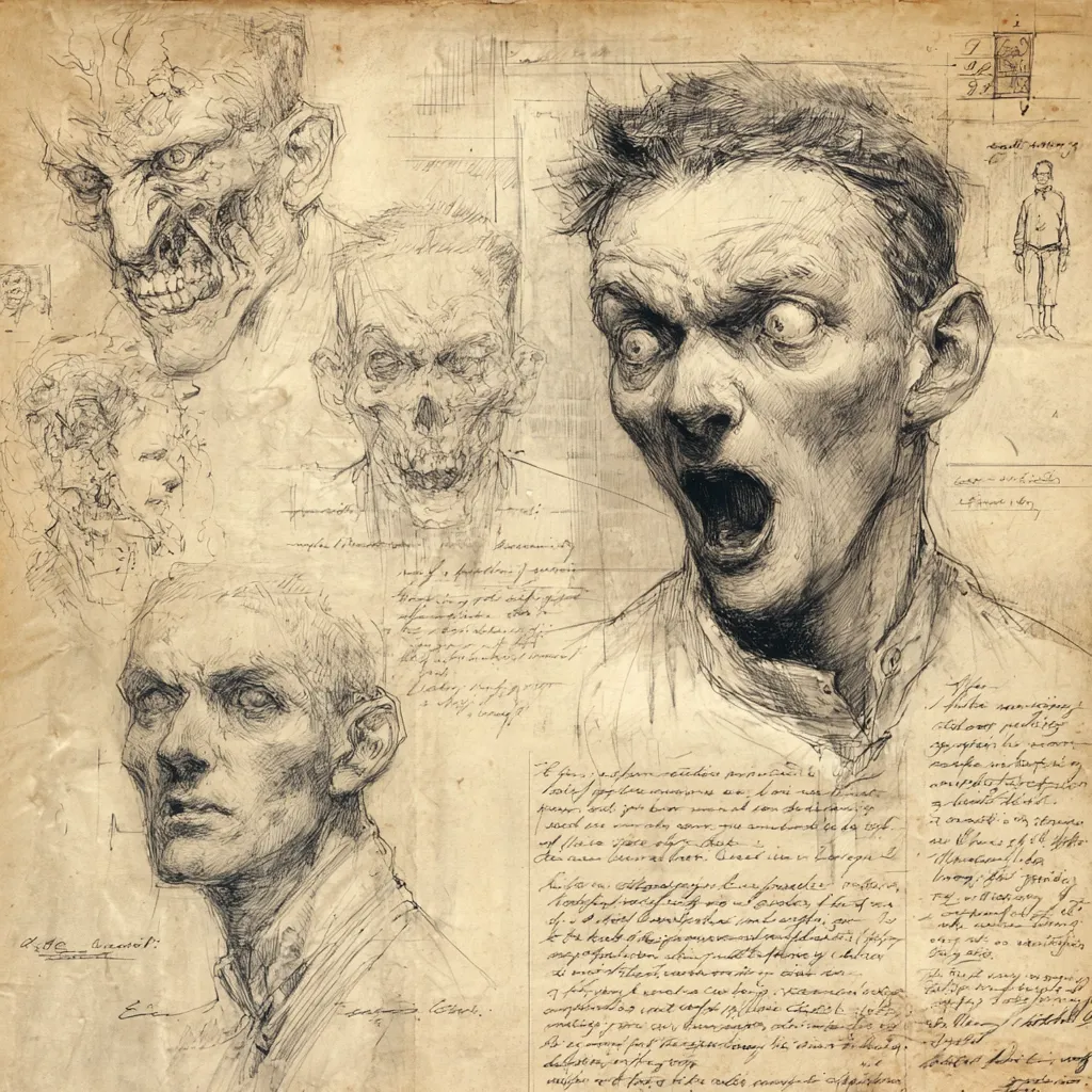 A detailed pencil sketch on aged paper depicts multiple grotesque faces, showcasing varying expressions of fear, agony, and decay.  Surrounding the portraits are anatomical notes and handwritten text in a stylized script, creating an atmosphere of macabre scientific study or artistic exploration of the human form under duress.  The overall style evokes a gothic or horror aesthetic.