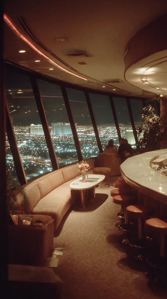 A panoramic view from a high-rise bar at night.  The room features a curved seating area with a plush sofa, a low coffee table with flowers, and a bar with swivel stools.  Large windows offer a stunning view of a glittering city skyline at night, showcasing a dense network of illuminated buildings and roadways.  The interior is dimly lit, creating a warm and sophisticated ambiance.