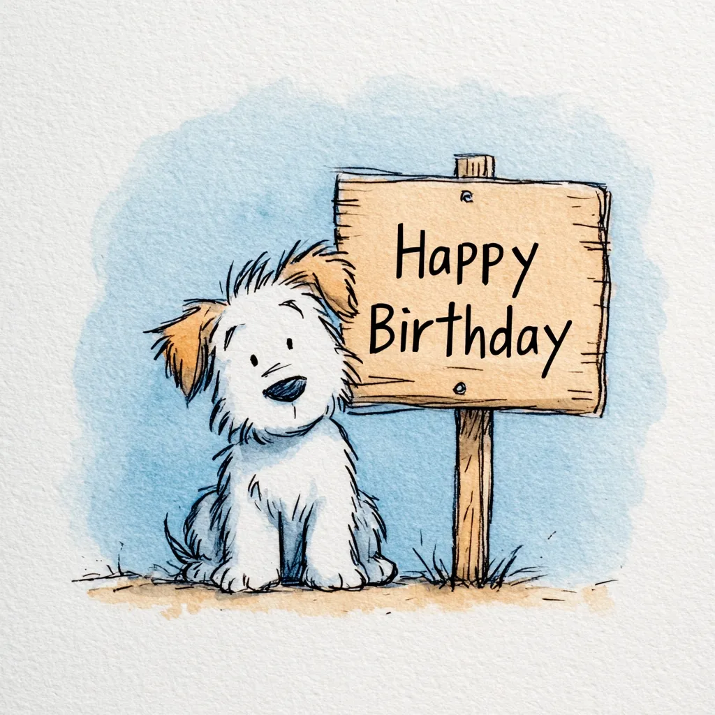 A charming watercolor illustration features a fluffy white puppy with tan ears, sitting patiently beside a rustic wooden sign. The sign sweetly proclaims "Happy Birthday," making it a perfect greeting card image.  The light blue background and simple style create a heartwarming and celebratory feel. The puppy's endearing expression adds to the overall charm.