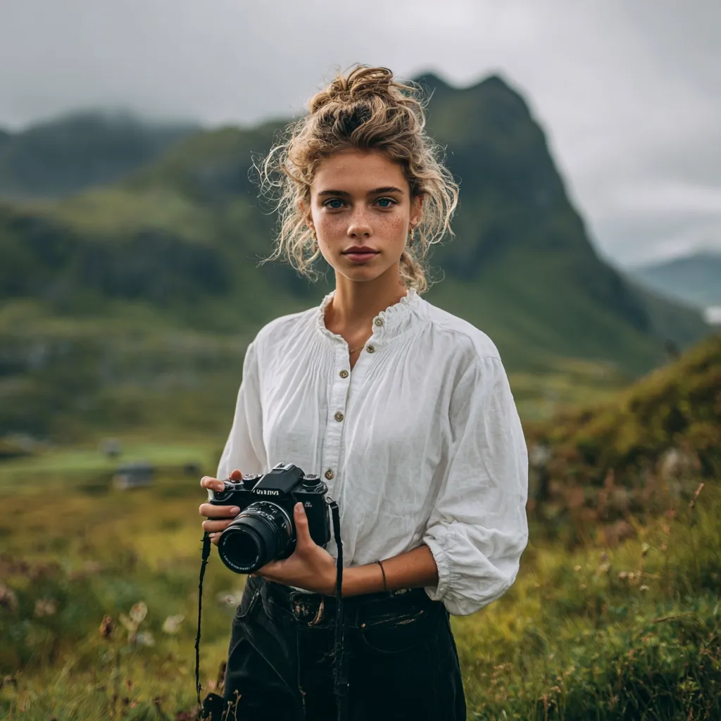 A young woman with a messy bun stands in a verdant field, mountains in the background. She's dressed in a white, loose-fitting shirt and dark pants, holding a vintage-style camera.  Her freckled face and light hair contrast against the muted green and grey tones of the landscape. The overall mood is serene and atmospheric.