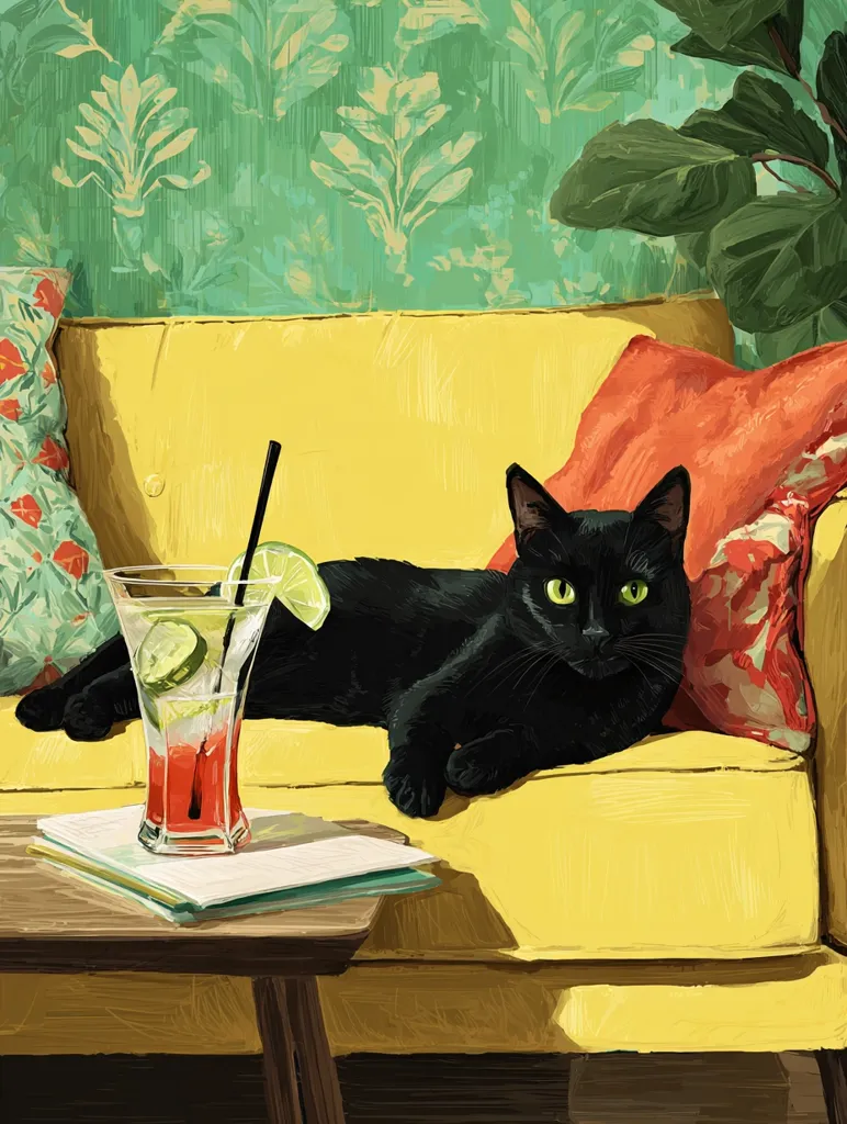 A black cat lounges on a yellow couch, its gaze directed towards the viewer.  A refreshing drink with lime wedges sits on a small side table beside the couch.  The background features a vibrant green patterned wallpaper and a leafy plant, creating a relaxed, mid-century modern aesthetic.  The scene is bathed in soft sunlight, highlighting the warm colors of the furniture and the cat's sleek fur.
