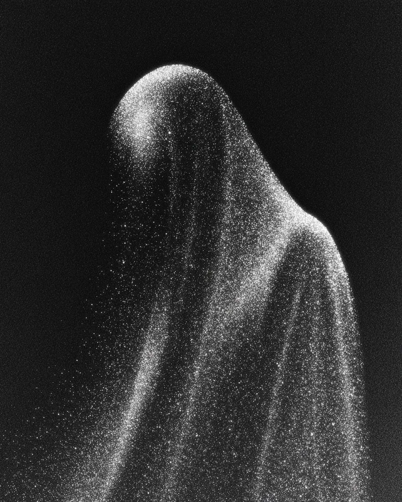 A grayscale image depicts a flowing, ethereal form resembling a hooded figure against a black background.  The figure is composed of countless tiny white particles, creating a texture like shimmering dust or scattered starlight.  The overall effect is one of mystery and subtle movement, suggesting a ghostly or spectral presence. The form drapes and folds with a sense of weightlessness.