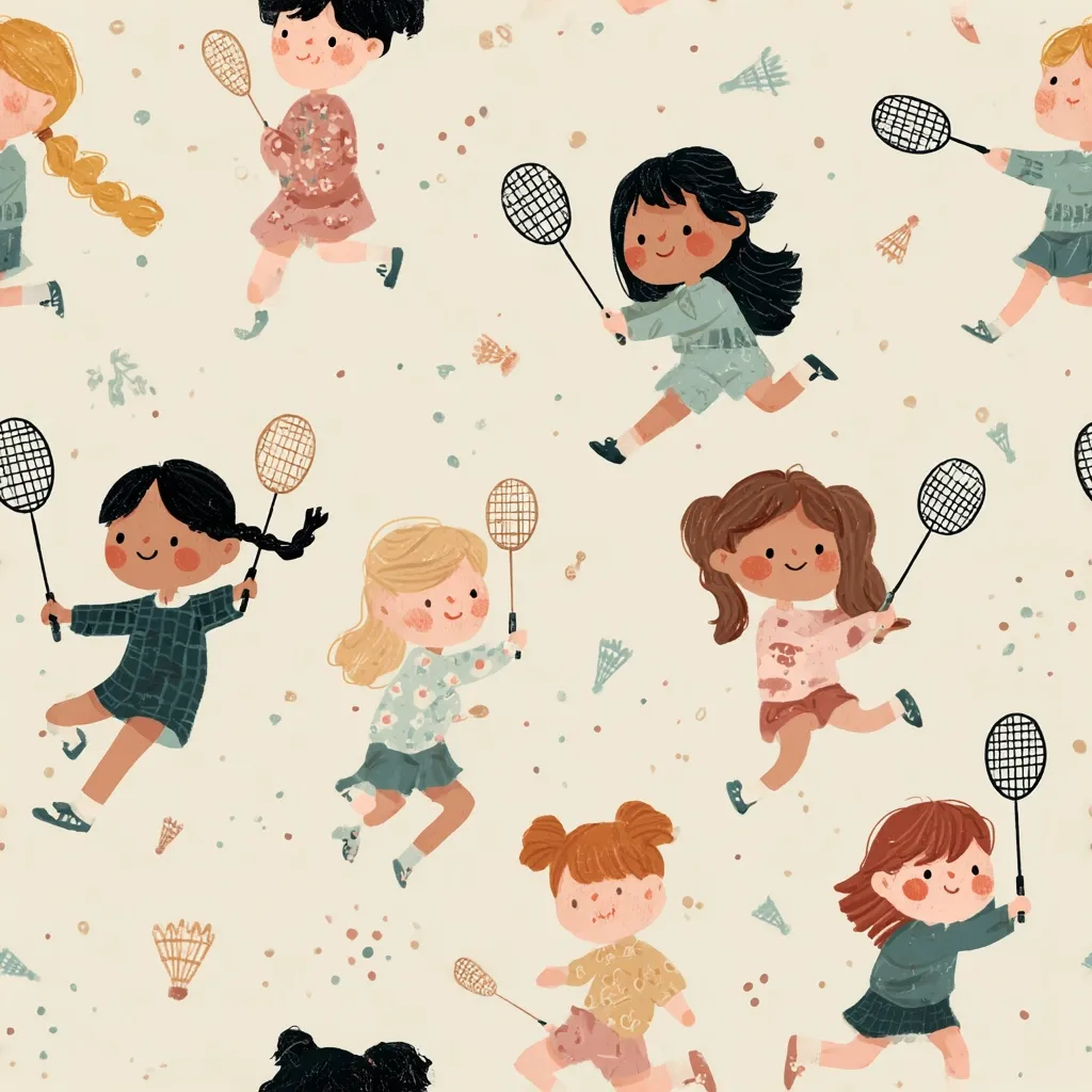 A charming seamless pattern features diverse girls playfully engaged in a badminton game.  Each girl, with unique hair and attire, holds a racquet, dynamically depicted in mid-action.  Scattered shuttlecocks and confetti add to the lively, joyful atmosphere. The soft color palette and whimsical style create a cheerful and energetic design.