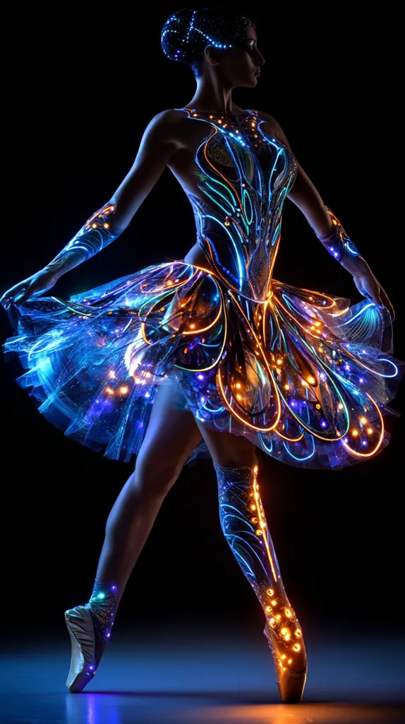 A ballerina gracefully poses in a breathtaking, illuminated tutu.  The costume, a stunning spectacle of blue and orange LED lights, outlines a flowing design across her body and pointe shoes.  The dark background accentuates the vibrant glow, creating a captivating image of futuristic elegance and ethereal beauty.  The dancer's poised posture and the intricate lighting effects combine for a striking visual.