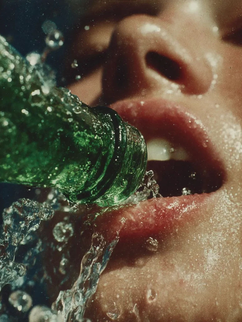 Close-up shot of a person's mouth drinking from a green glass bottle.  Water splashes onto their face and lips as they drink. The image is darkly lit, creating a dramatic and sensual mood. The focus is on the texture of the skin and the movement of the water.  The overall aesthetic is vintage and slightly gritty.