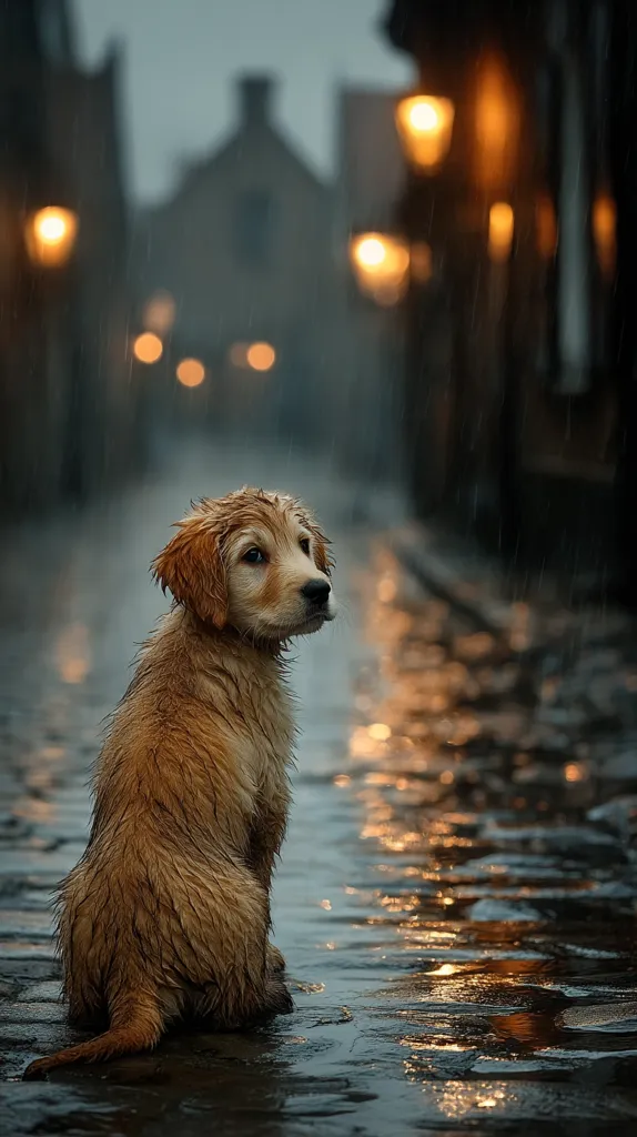 A wet golden retriever puppy sits on a rain-slicked cobblestone street, its fur plastered to its body.  Warm, blurred lights from street lamps illuminate the background, creating a cozy yet melancholic atmosphere. The puppy looks forlorn, the rain falling softly around it. The scene evokes a sense of quiet solitude and gentle sadness.