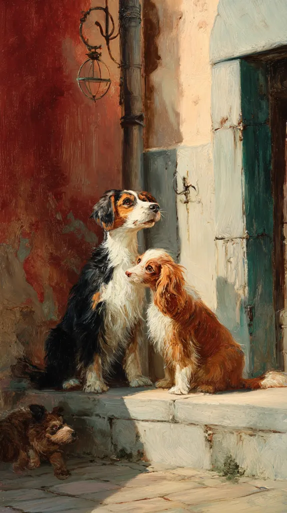 A painting depicts three dogs sitting on a stone step outside a building with a reddish wall. Two larger dogs, one black and white, the other reddish-brown, sit attentively, possibly looking towards something in the distance. A smaller, brown dog sits closer to the ground, seemingly observing the other two. The setting suggests a sunny, warm day, with the shadows cast on the steps. The overall style is realistic with visible brushstrokes.