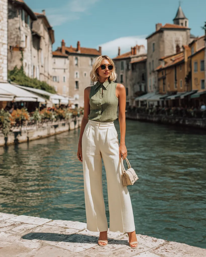 A stylish blonde woman in sunglasses stands by a canal in a picturesque European town. She wears a sage green sleeveless collared shirt and wide-legged cream pants, complemented by cream-colored heels and a small handbag.  The backdrop features charming, historic buildings lining the waterway, creating a vibrant and fashionable scene.