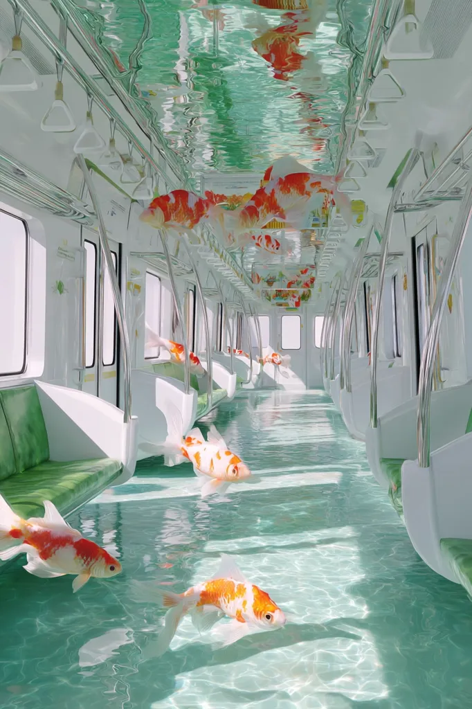 A surreal image depicts a subway car filled with water, featuring vibrant koi fish swimming amidst the seats and handrails. The ceiling reflects the water's surface, creating a dreamlike, underwater atmosphere.  The clean, modern design of the train contrasts beautifully with the organic movement of the fish.  The overall effect is serene and imaginative.