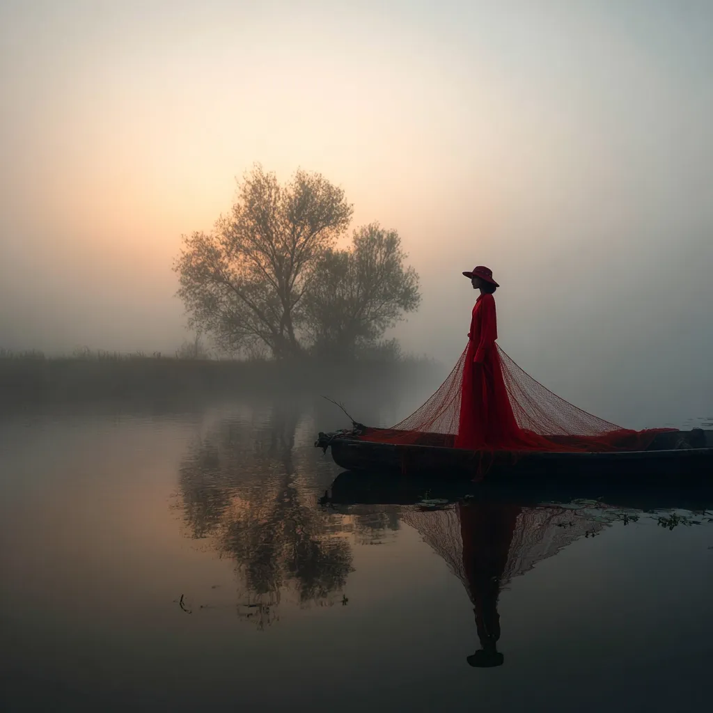 A woman in a long red dress and hat stands in a small boat on a misty river at dawn.  A fishing net drapes over the boat and around her.  The scene is serene and atmospheric, with a large tree silhouetted in the background. The water reflects the soft light of the sunrise and the woman's silhouette. The overall mood is one of mystery and tranquility.