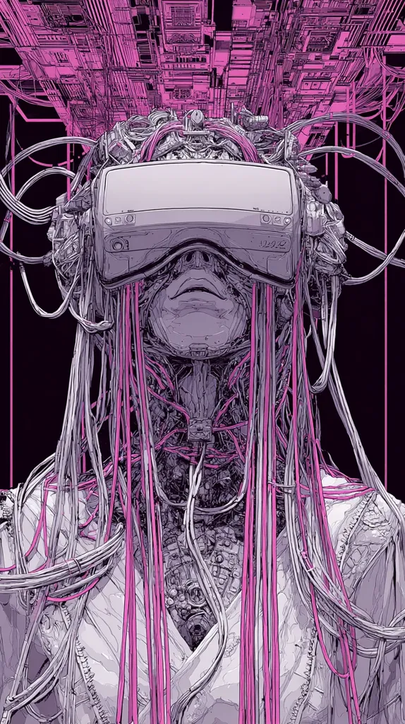 A stylized illustration depicts a cyborg-like figure wearing a VR headset.  Intricate, interconnected wires and circuitry, predominantly in shades of gray and pink, cascade from the headset and drape around the figure's body, extending into a complex, mechanical background. The overall aesthetic is futuristic and somewhat unsettling, suggesting a blend of technology and human form.  The figure's face is obscured by the headset, enhancing the mysterious quality of the image.