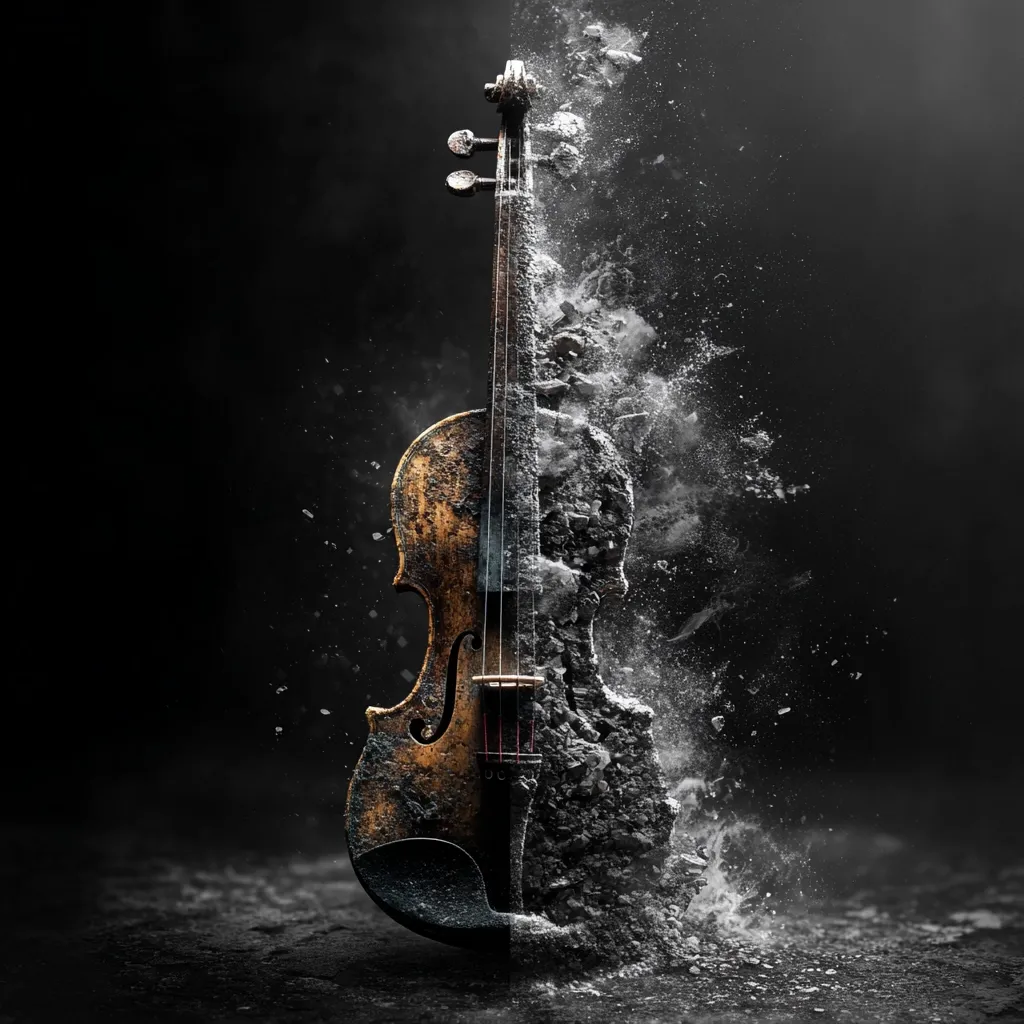 A violin, seemingly ancient and worn, is dramatically depicted. One half of the instrument remains intact, showcasing its aged, dark wood finish. The other half crumbles into dust and ash, creating a striking contrast between preservation and decay. The image is set against a dark backdrop, emphasizing the violin's central position and the dramatic visual effect.  The overall feel is melancholic and artistic.