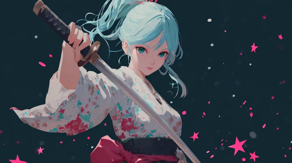 An anime girl with teal hair styled in a high ponytail wields a katana. She's dressed in a white kimono adorned with floral patterns and a crimson obi.  Pink stars and sparkles form a whimsical backdrop. The art style is vibrant and dynamic, emphasizing the girl's determined expression and confident stance.  The overall mood is a blend of action and ethereal beauty.