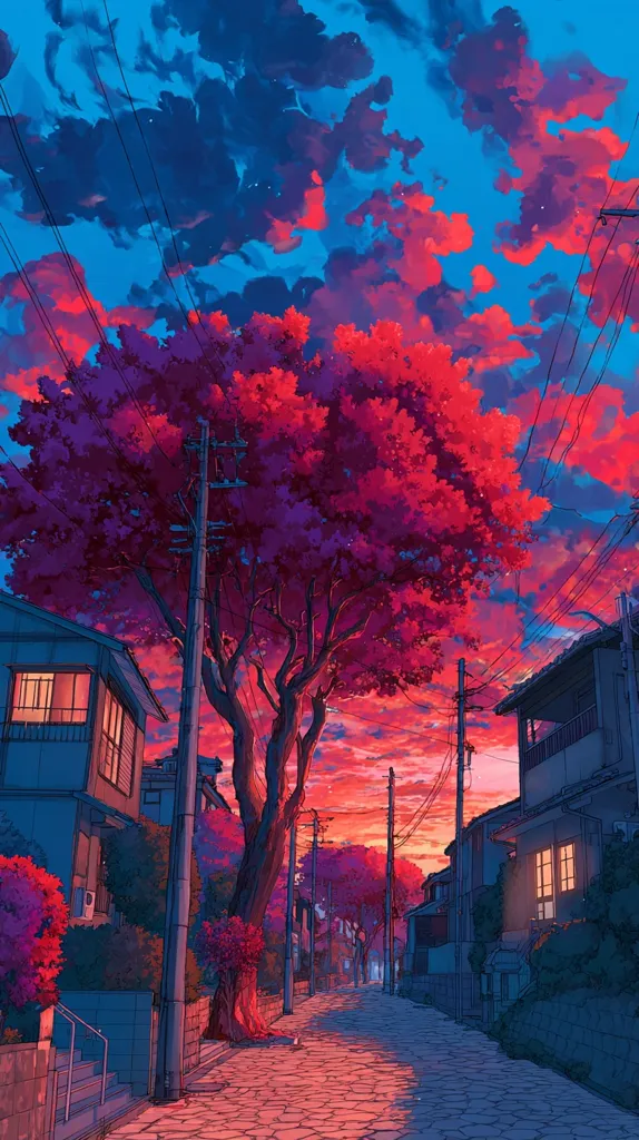 A vibrant anime-style illustration depicts a quiet residential street at sunset.  A large, crimson tree dominates the foreground, its branches reaching towards a sky ablaze with fiery orange and deep blue hues.  Small houses line the cobblestone street, their windows glowing warmly.  Power lines stretch overhead, adding to the scene's atmospheric charm.  The overall mood is serene and slightly melancholic, capturing a moment of peaceful twilight.