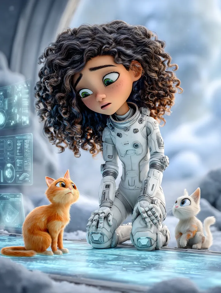 A young girl with curly brown hair, wearing a futuristic white spacesuit, kneels before a transparent screen.  Two adorable kittens, one orange and one white, sit attentively beside her.  The girl looks concerned, her gaze directed at something on the screen or perhaps at the cats.  The scene is set in a cold, possibly extraterrestrial, environment with futuristic technology visible in the background.