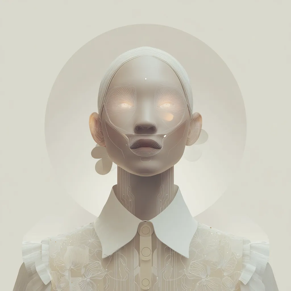 A digital portrait of a woman, seemingly robotic or augmented, is presented.  Her pale face features glowing lines suggesting technological enhancements around her eyes. She wears a delicate, off-white collared blouse with subtle floral embroidery. The background is a soft beige with a large, pale halo-like circle behind her head, creating a serene and ethereal atmosphere. The overall aesthetic is minimalist and futuristic.